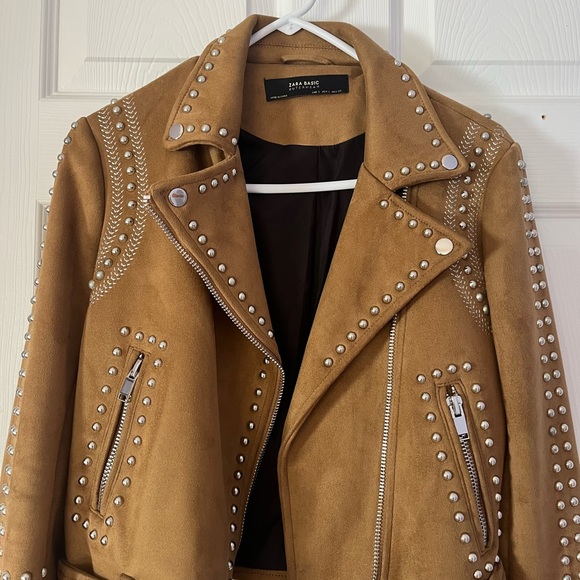 Zara Camel Studded Western Suede Moto Biker Jacket, Small - Picture 8 of 8